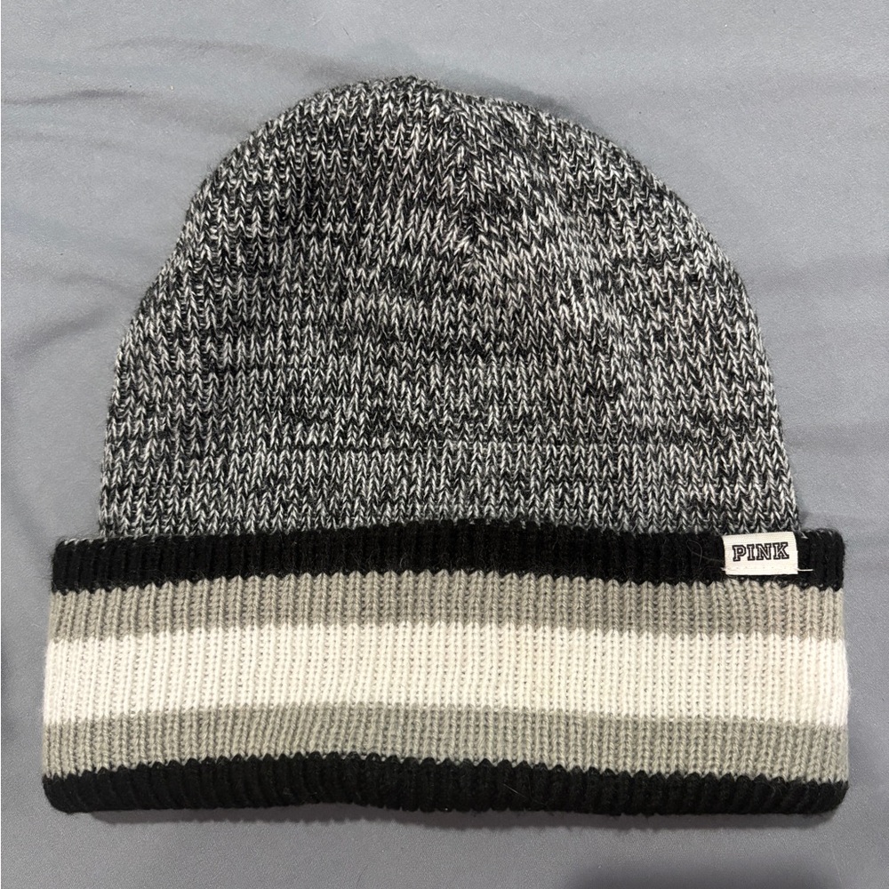 Pink Victoria's Secret Black and White Knit Beanie